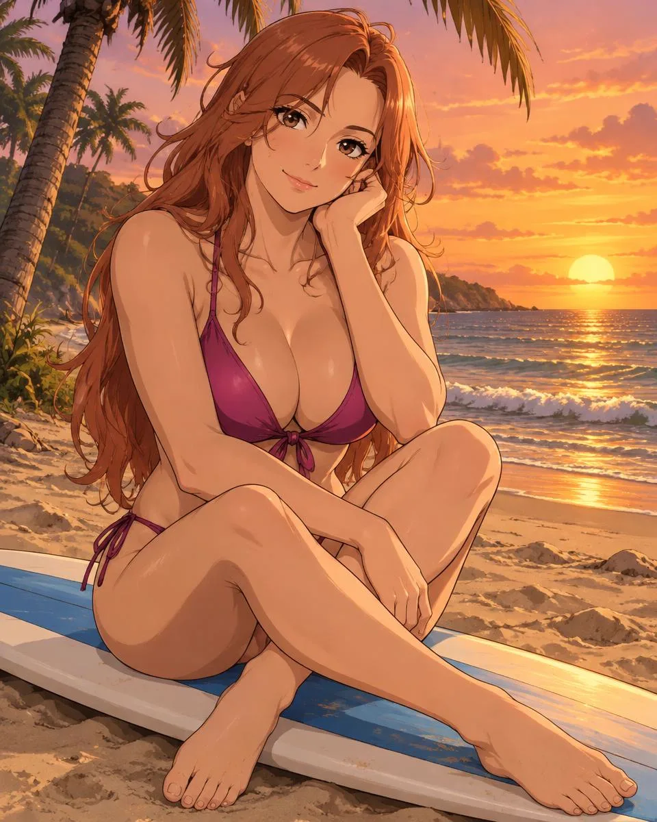 Calvessa, an adult anime companion sitting cross-legged on a surfboard at sunset