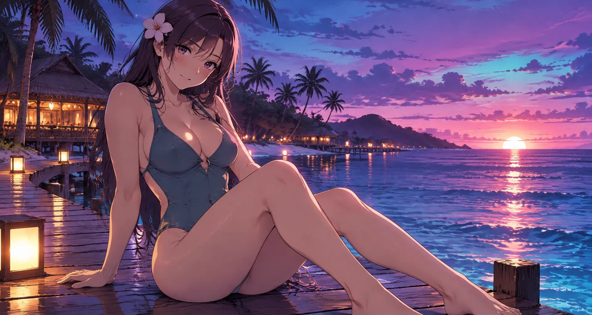 A Unfiltered Ggrok companion watching the sunset on a tropical beach