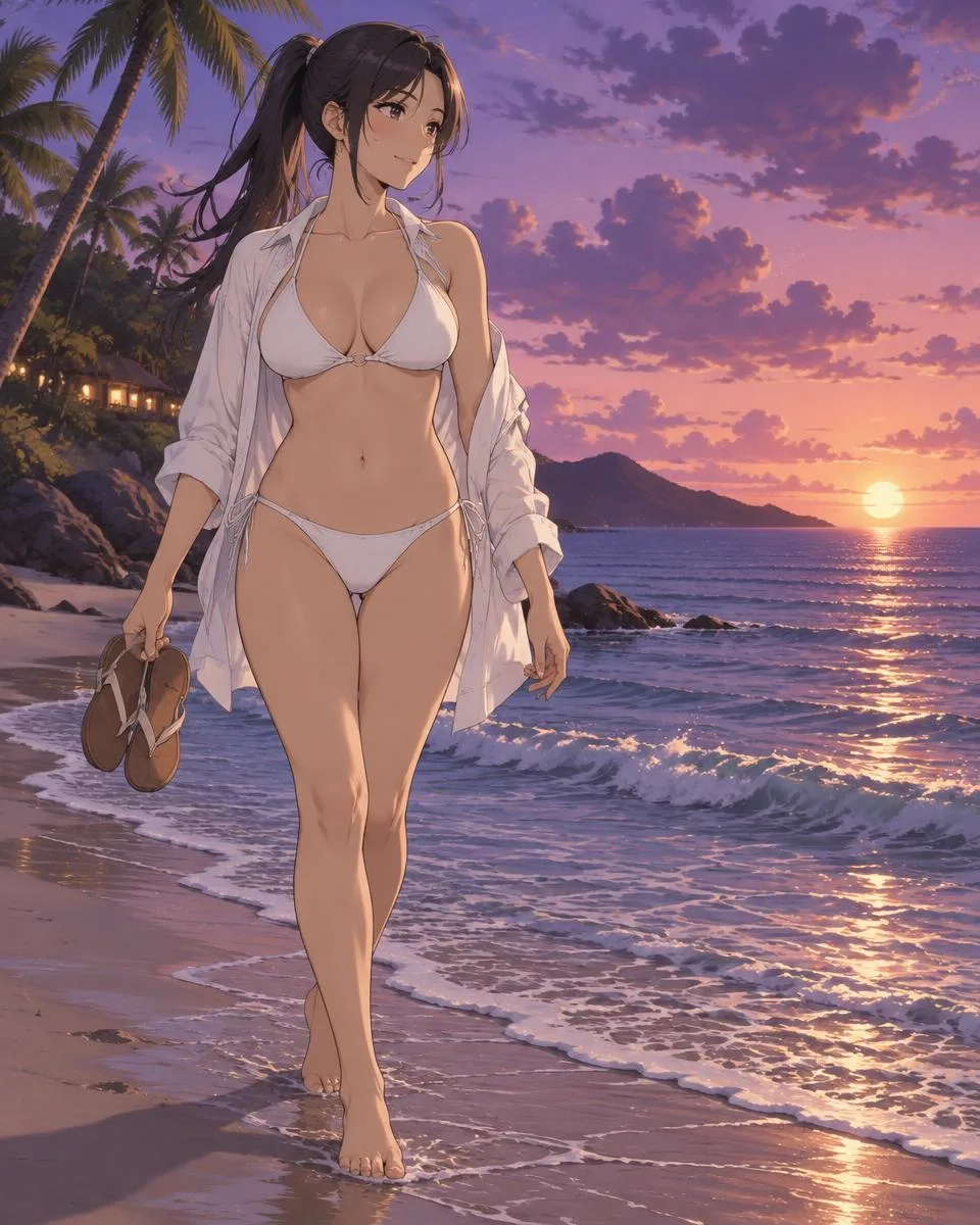 Isoldae, an adult anime companion walking the waterline with sandals in hand