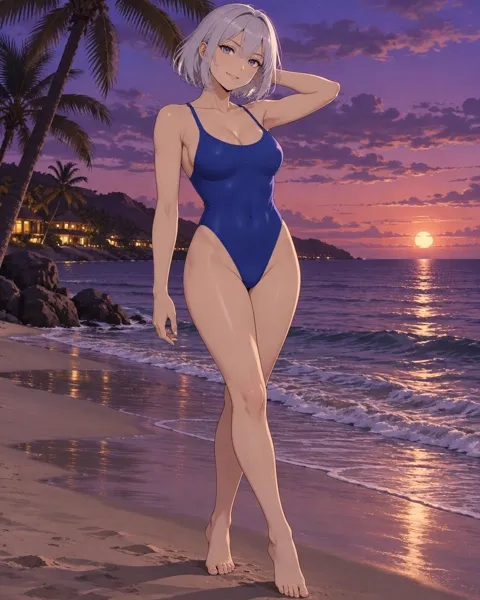 Zephyrine, an adult anime companion standing barefoot on the shore at dusk